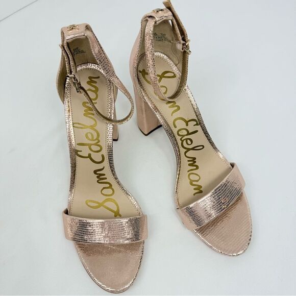 Sam Edelman YARO Rose Gold Leather Metallic Reptile Chunky 4" Open Toe Sandals - Picture 5 of 16